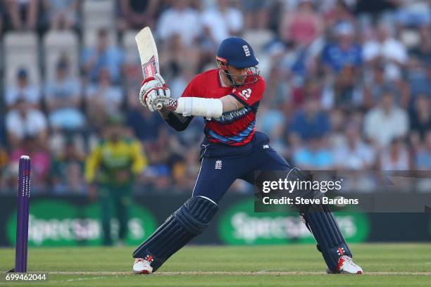 Alex Hales of England plays a shot during the 1st NatWest T20 International match between England and South Africa at Ageas Bowl on June 21, 2017 in...