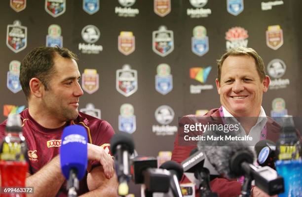 Cameron Smith of the Maroons and Maroons coach Kevin Walters speak at a press conference after game two of the State Of Origin series between the New...