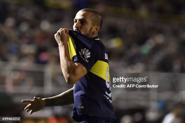 Picture released by Telam showing Boca Juniors' forward Dario Benedetto celebrating after scoring the team's second goal against Olimpo during the...
