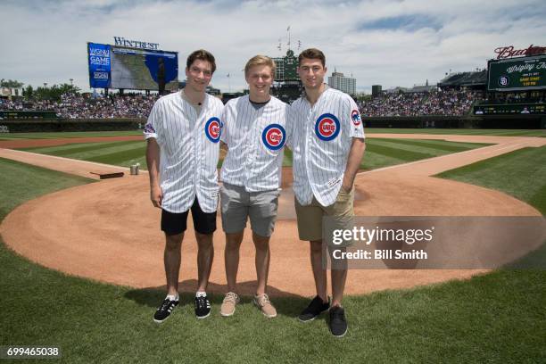 Nolan Patrick, Casey Mittelstadt and Gabriel Vilardi pose for photographers during the 2017 NHL Draft - Top Prospects Media Tour on June 21, 2017 at...