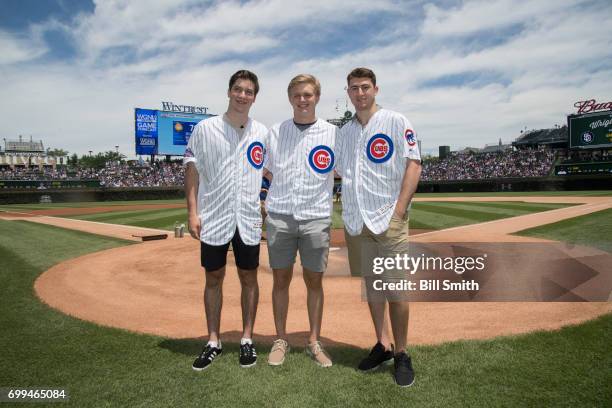 Nolan Patrick, Casey Mittelstadt and Gabriel Vilardi pose for photographers during the 2017 NHL Draft - Top Prospects Media Tour on June 21, 2017 at...