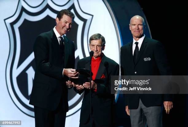 Mario Lemieux, Ted Lindsay and Mark Messier speak onstage during the 2017 NHL Awards & Expansion Draft at T-Mobile Arena on June 21, 2017 in Las...