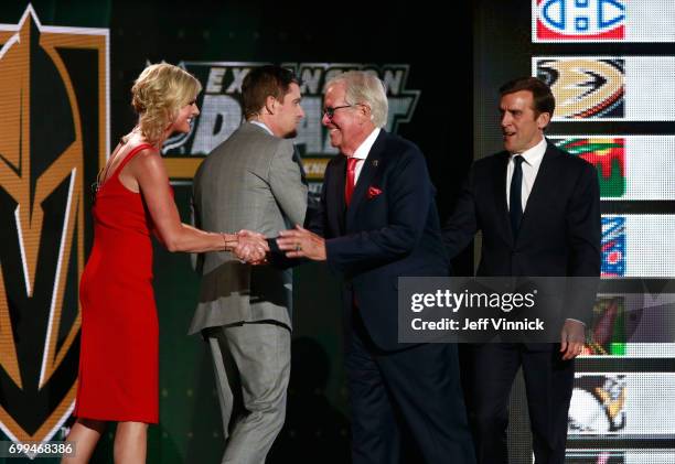 Co-owner Bill Foley and general manager George McPhee of the Vegas Golden Knights speaks are greeted onstage by hosts Kathryn Tappen and Daren...