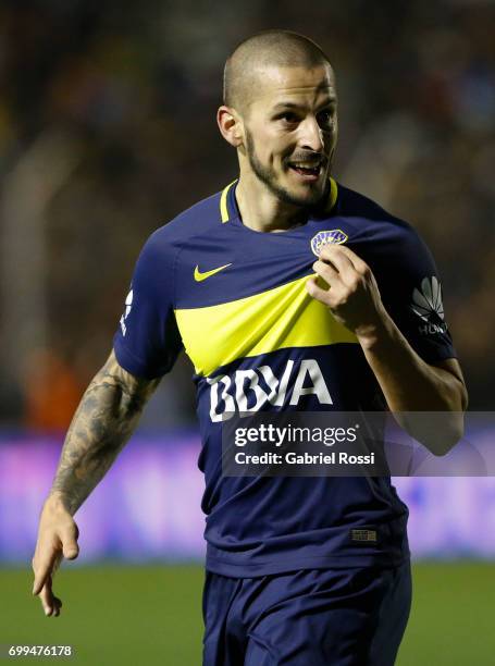 Dario Benedetto of Boca Juniors celebrates after scoring the second goal of his team during a match between Olimpo and Boca Juniors as part of Torneo...