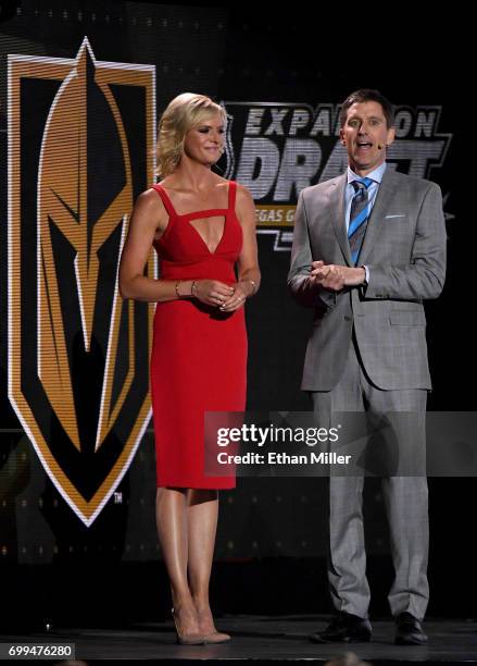 Sportscasters Kathryn Tappen and Daren Millard speak during the 2017 NHL Awards and Expansion Draft at T-Mobile Arena on June 21, 2017 in Las Vegas,...