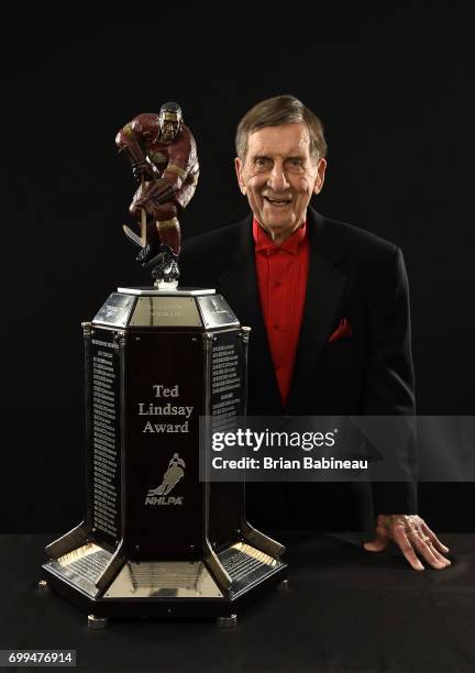 Former NHL player Ted Lindsay poses for a portrait with the Ted Lindsay Award at the 2017 NHL Awards at T-Mobile Arena on June 21, 2017 in Las Vegas,...