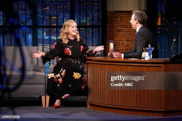 Episode 546 -- Pictured: Actress.comedian Amy Poehler during an interview with host Seth Meyers on June 21, 2017 --