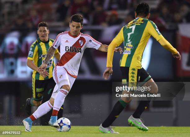 Sebastian Driussi of River Plate plays the ball during a match between River Plate and Aldosivi as part of Torneo Primera Division 2016/17 at...