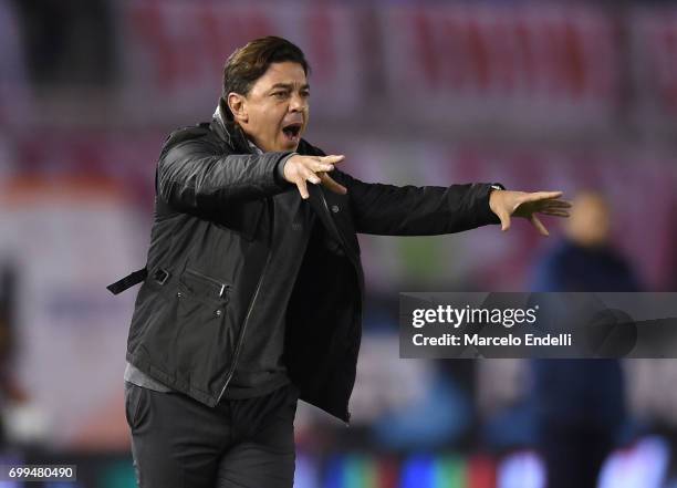 Marcelo Gallardo coach of River Plate gives instructions to his players during a match between River Plate and Aldosivi as part of Torneo Primera...