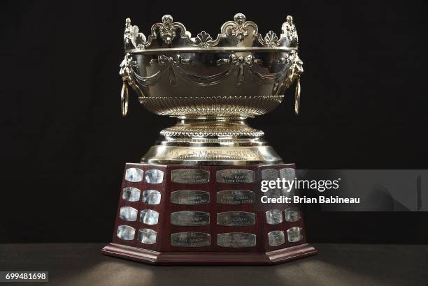 Detailed view is seen of the Frank J. Selke Trophy at the 2017 NHL Awards at T-Mobile Arena on June 21, 2017 in Las Vegas, Nevada.