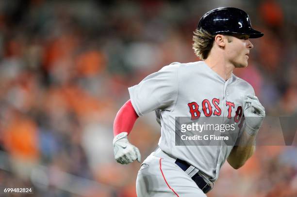 Josh Rutledge of the Boston Red Sox runs the bases against the Baltimore Orioles at Oriole Park at Camden Yards on June 2, 2017 in Baltimore,...