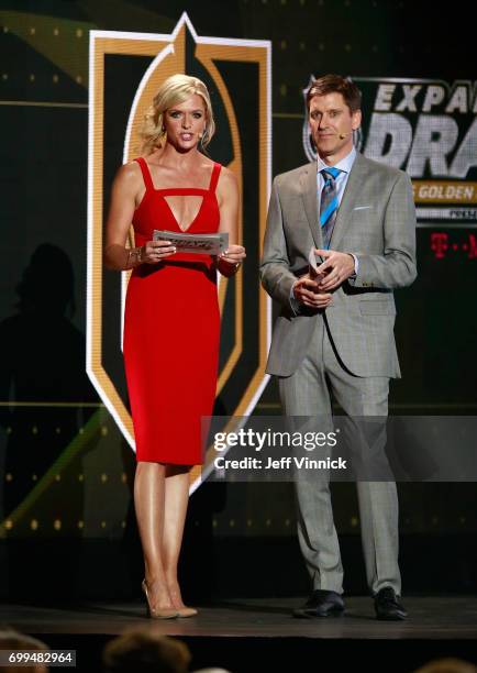 Hosts Kathryn Tappen and Daren Millard speak onstage during the 2017 NHL Awards & Expansion Draft at T-Mobile Arena on June 21, 2017 in Las Vegas,...