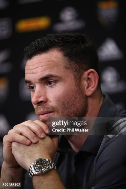 Ryan Crotty of the All Blacks speaks to media ahead of a New Zealand All Blacks training session at Trusts Stadium on June 22, 2017 in Auckland, New...