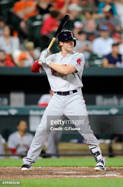 Josh Rutledge of the Boston Red Sox bats against the Baltimore Orioles at Oriole Park at Camden Yards on June 2, 2017 in Baltimore, Maryland.