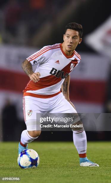 Sebastian Driussi of River Plate drives the ball during a match between River Plate and Aldosivi as part of Torneo Primera Division 2016/17 at...