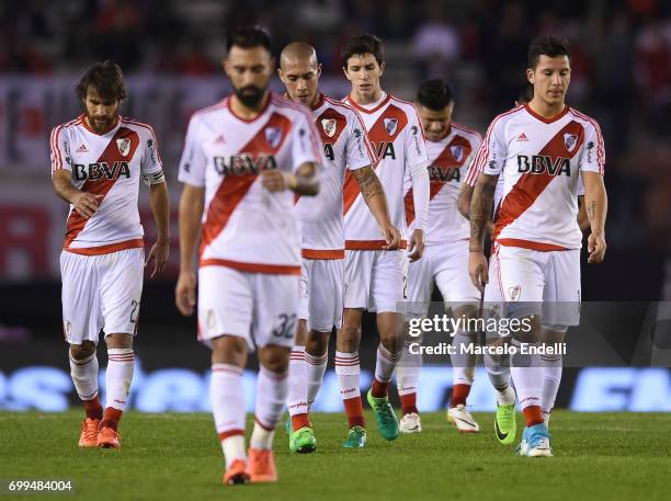 Players of River Plate leave the field at the end of the first half during a match between River Plate and Aldosivi as part of Torneo Primera...