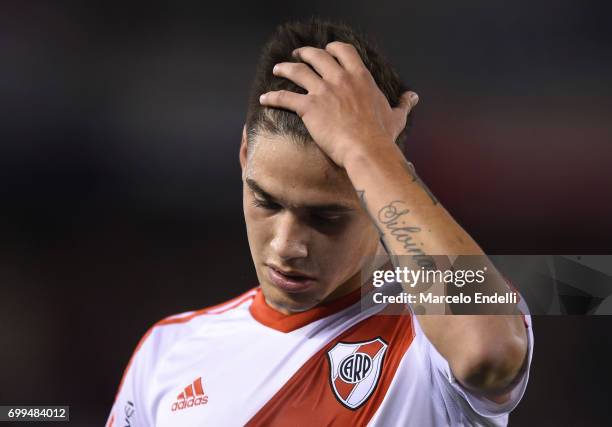 Lucas Martinez Quarta of River Plate gestures during a match between River Plate and Aldosivi as part of Torneo Primera Division 2016/17 at...