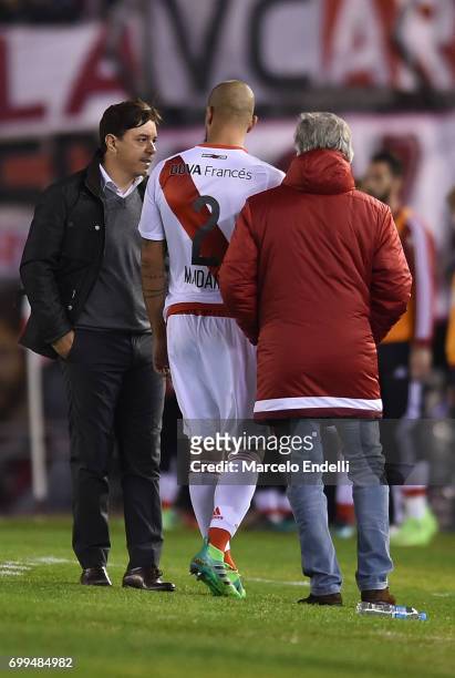 Jonathan Maidana of River Plate leaves the field after being injured during a match between River Plate and Aldosivi as part of Torneo Primera...