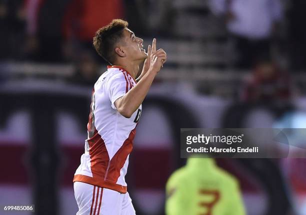 Lucas Martinez Quarta of River Plate celebrates after scoring the first goal of his team during a match between River Plate and Aldosivi as part of...