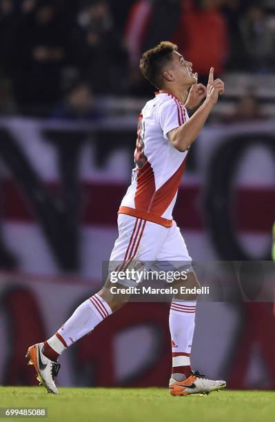 Lucas Martinez Quarta of River Plate celebrates after scoring the first goal of his team during a match between River Plate and Aldosivi as part of...