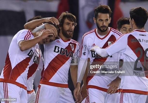 Lucas Martinez Quarta of River Plate celebrates with teammates after scoring the first goal of his team during a match between River Plate and...