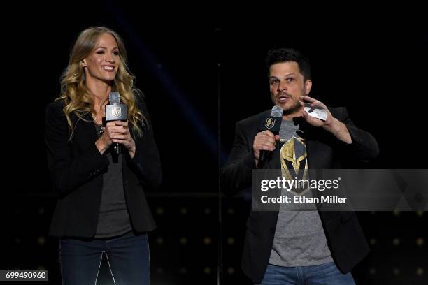 Entertainers Stephanie 'Smithy' Smith and Mark Shunock speak during the 2017 NHL Awards and Expansion Draft at T-Mobile Arena on June 21, 2017 in Las...