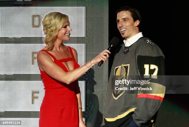 Marc-Andre Fleury of the Vegas Golden Knights speaks with host Kathryn Tappen during the 2017 NHL Awards & Expansion Draft at T-Mobile Arena on June...