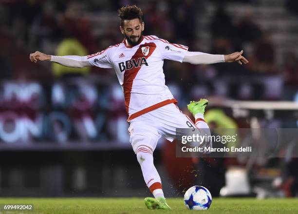 Marcelo Larrondo of River Plate kicks the ball during a match between River Plate and Aldosivi as part of Torneo Primera Division 2016/17 at...