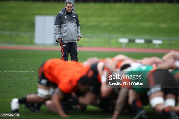 All Black coach Steve Hansen looks on during a New Zealand All Blacks training session at Trusts Stadium on June 22, 2017 in Auckland, New Zealand.