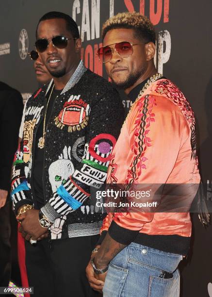 Sean Combs and Usher arrive at the Los Angeles Premiere Of "Can't Stop Won't Stop" at Writers Guild of America, West on June 21, 2017 in Los Angeles,...