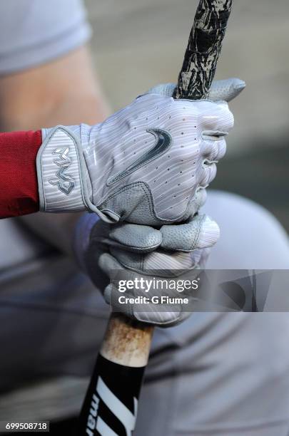 Josh Rutledge of the Boston Red Sox wears Nike batting gloves during the game against the Baltimore Orioles at Oriole Park at Camden Yards on June 2,...