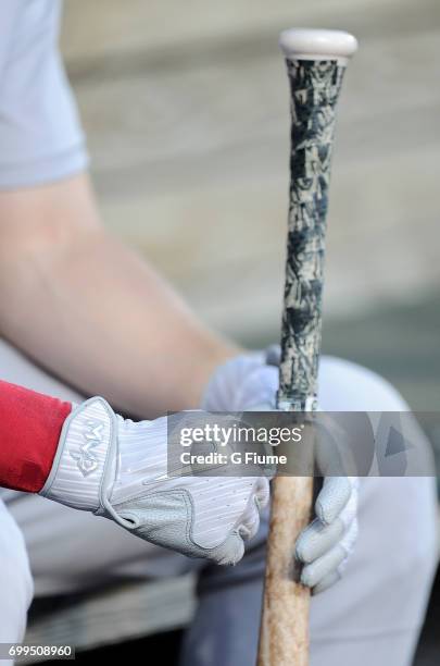 Josh Rutledge of the Boston Red Sox wears Nike batting gloves during the game against the Baltimore Orioles at Oriole Park at Camden Yards on June 2,...