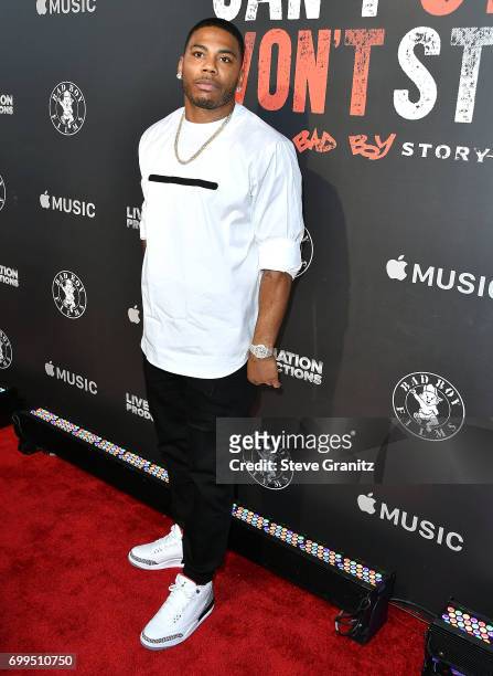 Nelly arrives at the Los Angeles Premiere Of "Can't Stop Won't Stop" at Writers Guild of America, West on June 21, 2017 in Los Angeles, California.