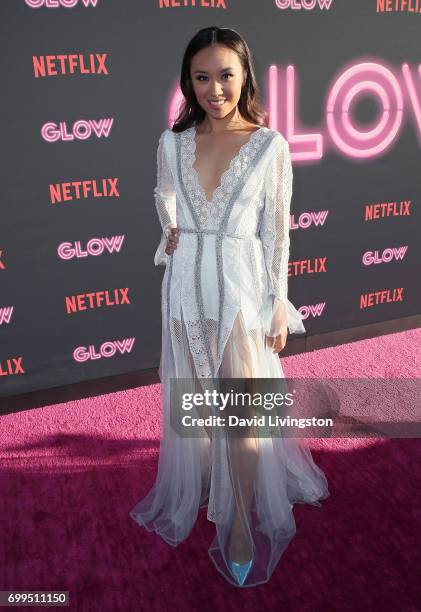 Actress Ellen Wong attends the premiere of Netflix's "GLOW" at The Cinerama Dome on June 21, 2017 in Los Angeles, California.