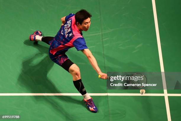 Son Wan Ho of Korea plays a shot during his R16 match against Kidambi Srikanth of India during the Australian Badminton Open at Sydney Olympic Park...