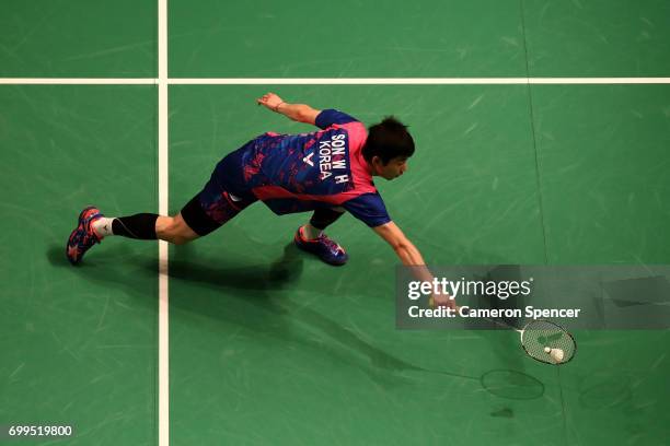 Son Wan Ho of Korea plays a shot during his R16 match against Kidambi Srikanth of India during the Australian Badminton Open at Sydney Olympic Park...
