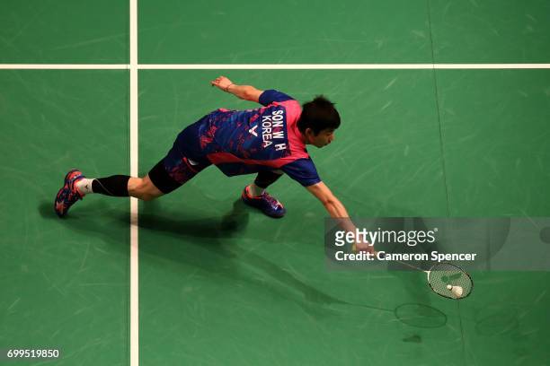 Son Wan Ho of Korea plays a shot during his R16 match against Kidambi Srikanth of India during the Australian Badminton Open at Sydney Olympic Park...