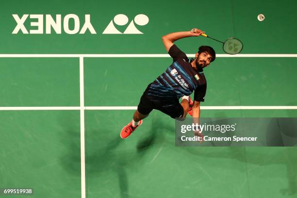 Kidambi Srikanth of India plays a shot during his R16 match against Son Wan Ho of Korea during the Australian Badminton Open at Sydney Olympic Park...