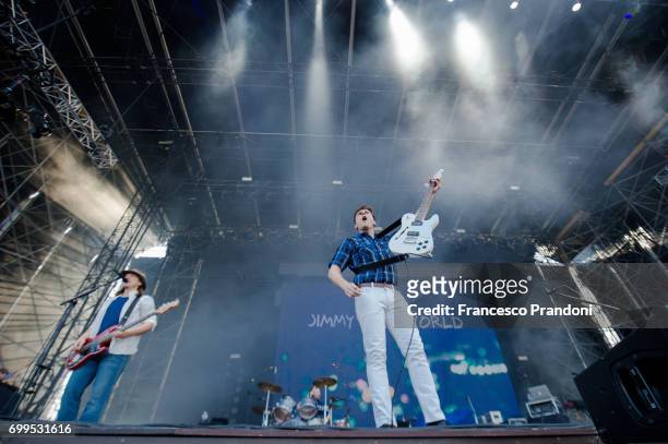 Rick Burch,Zach Lind and Jim Adkins of Jimmy Eat World performs as they open for King Of Leon at Ippodromo on June 21, 2017 in Milan, Italy.