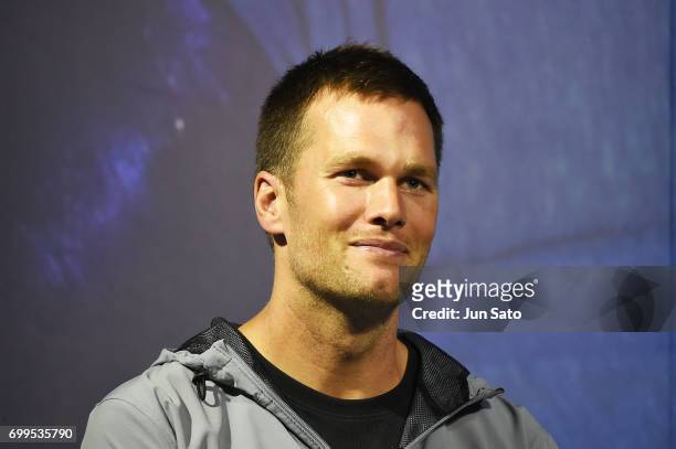 New England Patriots NFL quarterback Tom Brady attends the press conference during the Under Armour 2017 Tom Brady Asia Tour at the Dome Corporation...