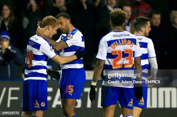 Reading's Fernandez Alex celebrates scoring his sides fourth goal of the match with team-mates.