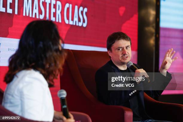 Romanian director Cristian Mungiu attends the Golden Goblet Master Class during the 20th Shanghai International Film Festival on June 22, 2017 in...