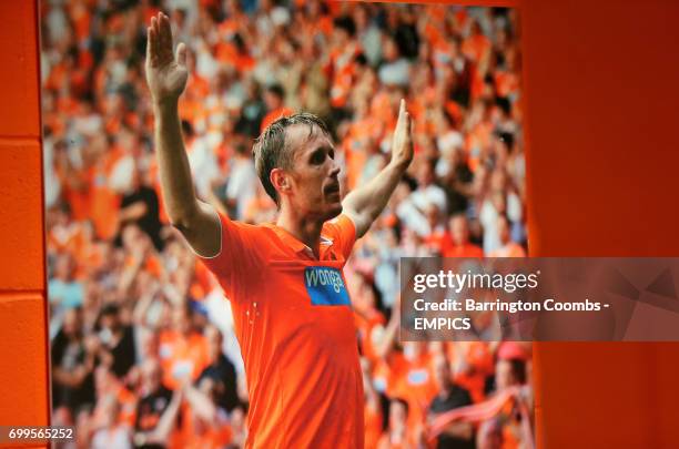 Former Blackpool player Brett Ormerod displayed on a board showcasing the club's history