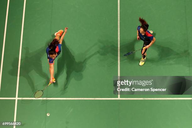 Celeste Lee and Chloe Lee of Australia compete during their R16 match against Chen Qingchen and Jia Yifan of China during the Australian Badminton...