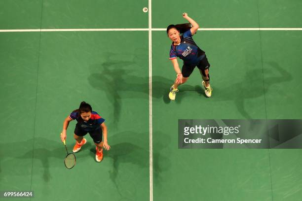Celeste Lee and Chloe Lee of Australia compete during their R16 match against Chen Qingchen and Jia Yifan of China during the Australian Badminton...