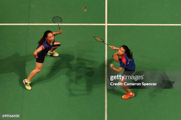 Celeste Lee and Chloe Lee of Australia compete during their R16 match against Chen Qingchen and Jia Yifan of China during the Australian Badminton...