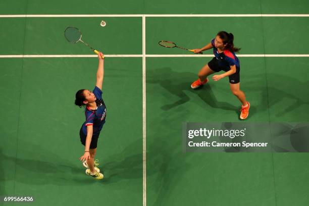 Celeste Lee and Chloe Lee of Australia compete during their R16 match against Chen Qingchen and Jia Yifan of China during the Australian Badminton...