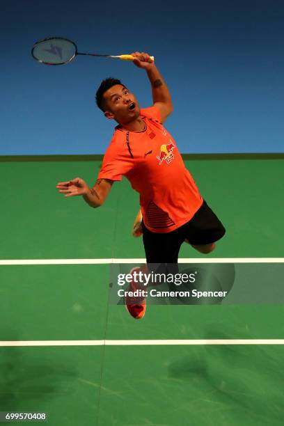 Lin Dan of China plays a shot during his R16 match against Jonatan Christie of Indonesia during the Australian Badminton Open at Sydney Olympic Park...