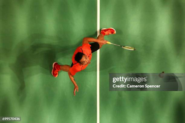 Lin Dan of China plays a shot during his R16 match against Jonatan Christie of Indonesia during the Australian Badminton Open at Sydney Olympic Park...