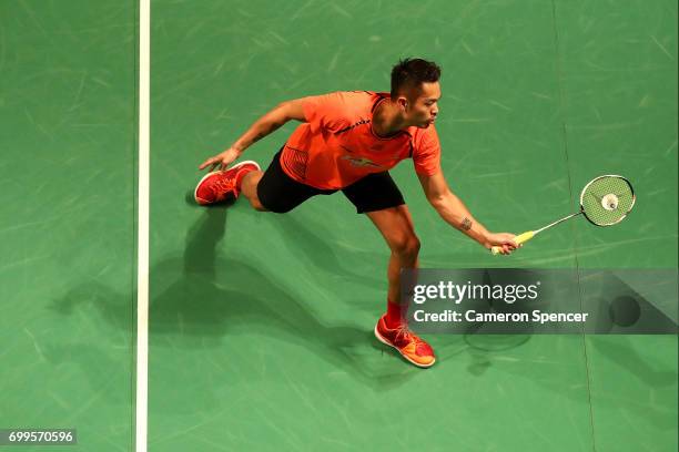 Lin Dan of China plays a shot during his R16 match against Jonatan Christie of Indonesia during the Australian Badminton Open at Sydney Olympic Park...